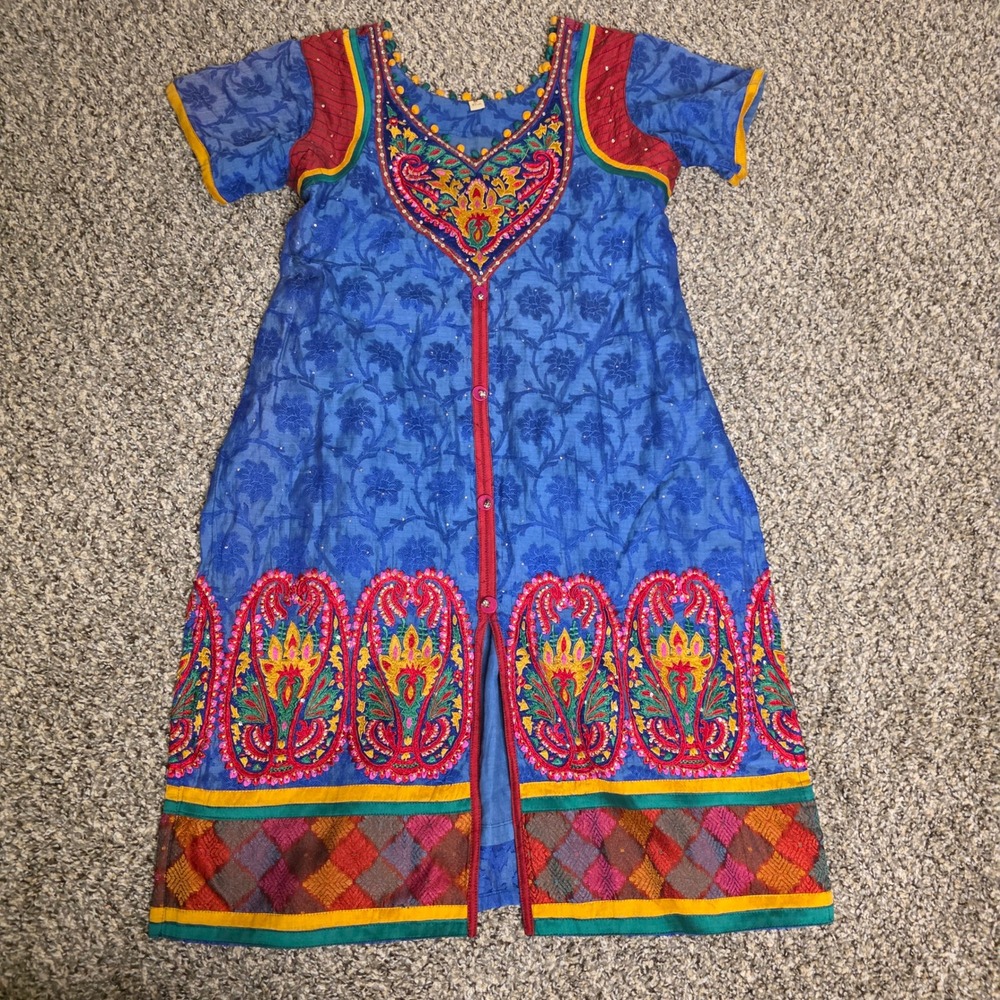 Unbranded Blue Embroidered Kurti Tunic Paisley Pom Pom Sequin Boho‎ Top Medium